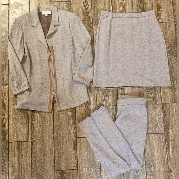 St. John Collection 3pc Leather Trimmed Pantsuit/Skirtsuit in Mocha Tweed - Picture 10 of 10